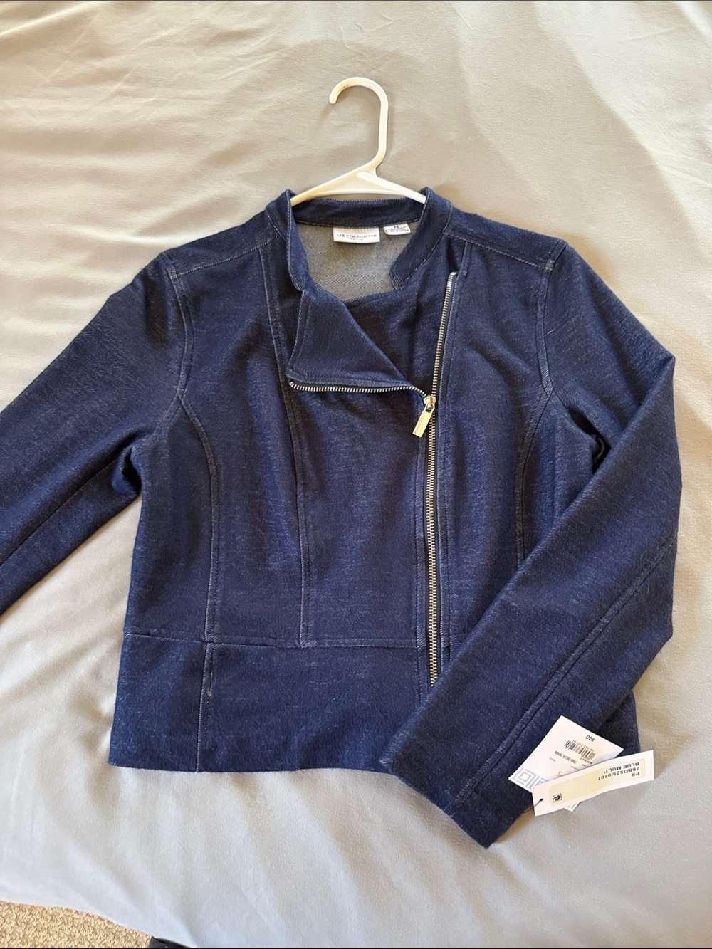 Liz Claiborne Navy Asymmetrical Zip Jean Jacket